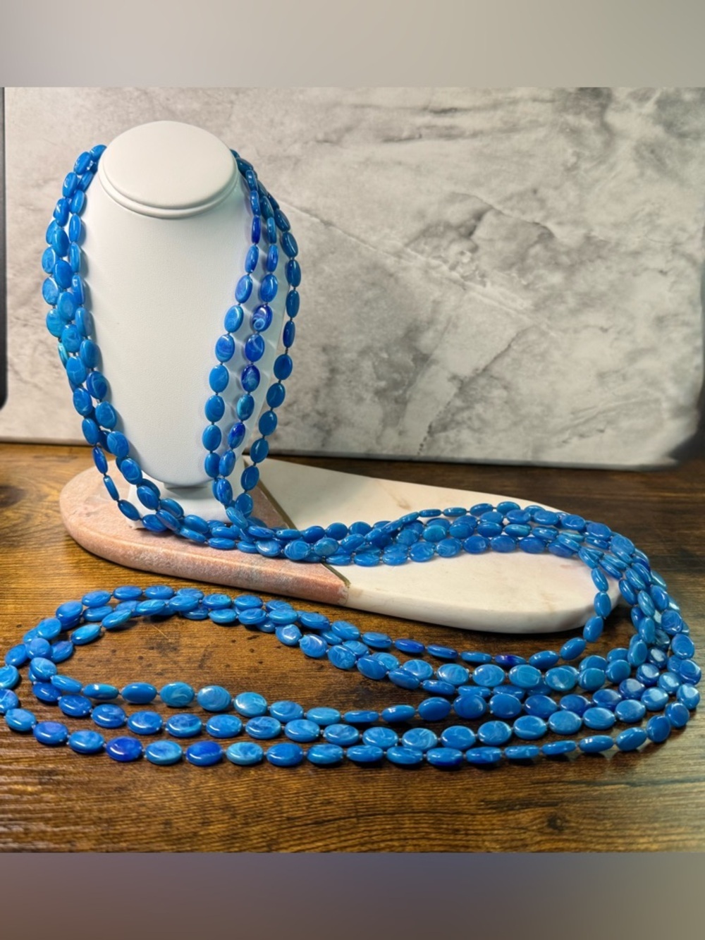 Vintage 6 Strand Blue Banded Agate Style Bead Statement Necklace